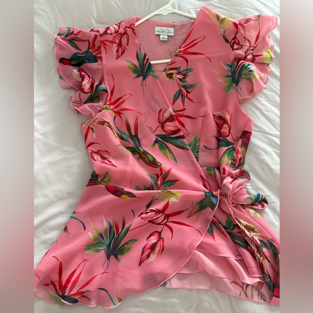 Sweet Pea Pink Floral Ruffle Blouse adjustable waist tie